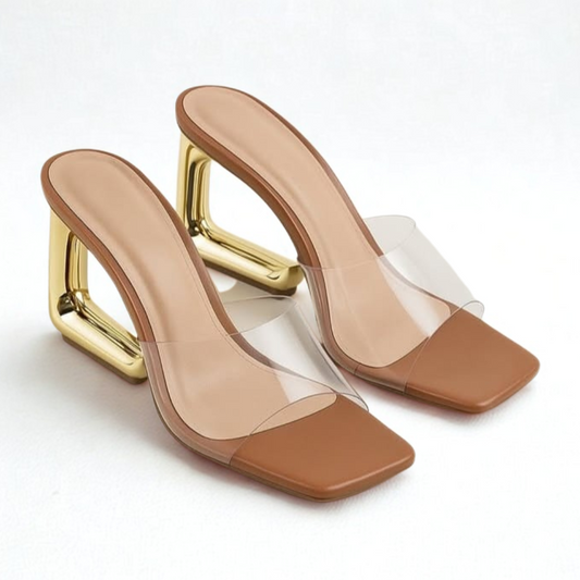 Tamanco Laura Transparente com Salto Orgânico Dourado