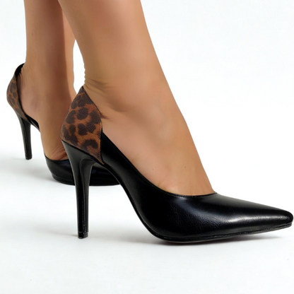 Scarpin Aberto Lateral Salto Alto Bicolor com Detalhe Elegante
