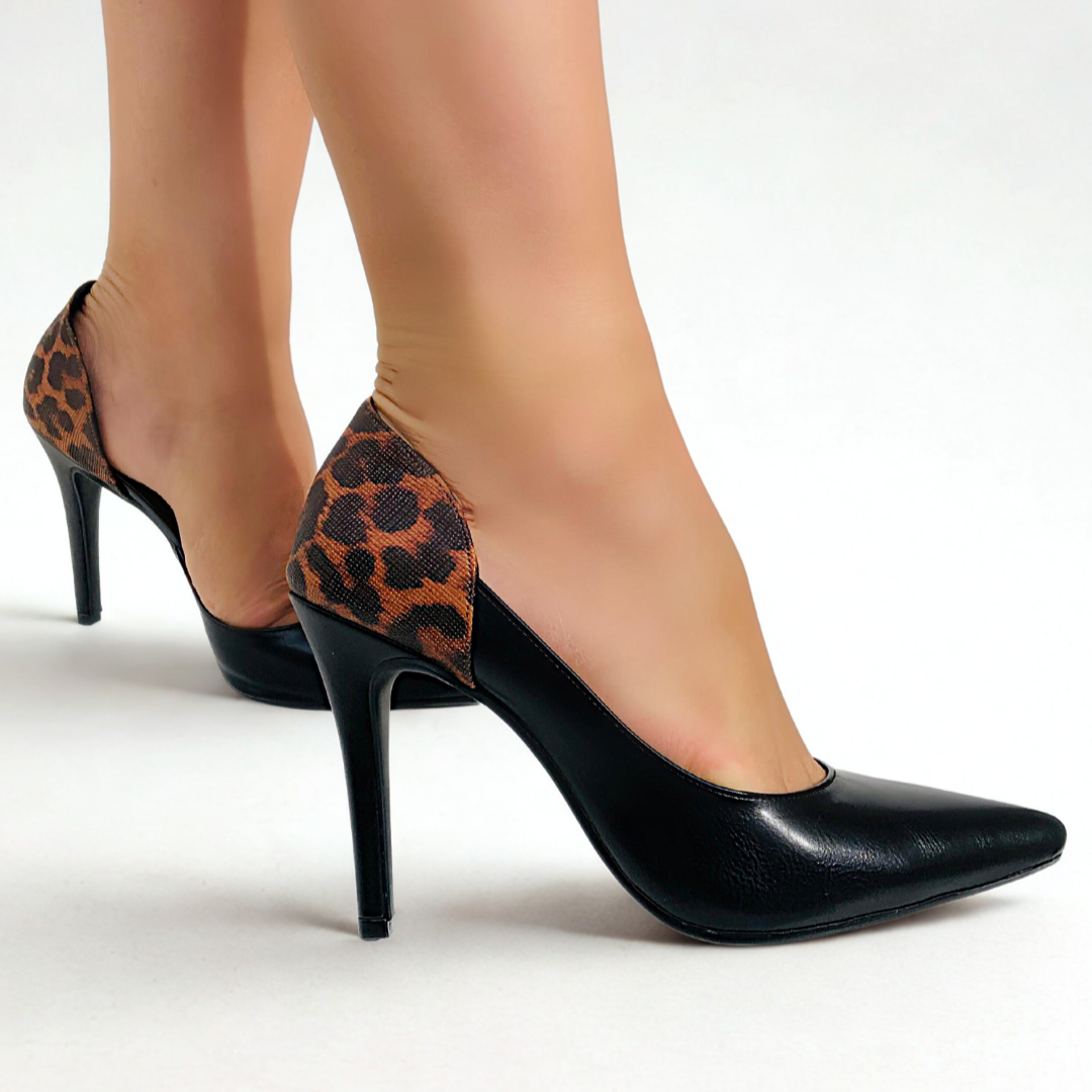 Scarpin Aberto Lateral Salto Alto Bicolor com Detalhe Elegante