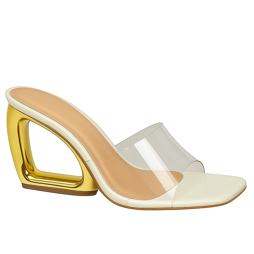 Tamanco Laura Transparente com Salto Orgânico Dourado