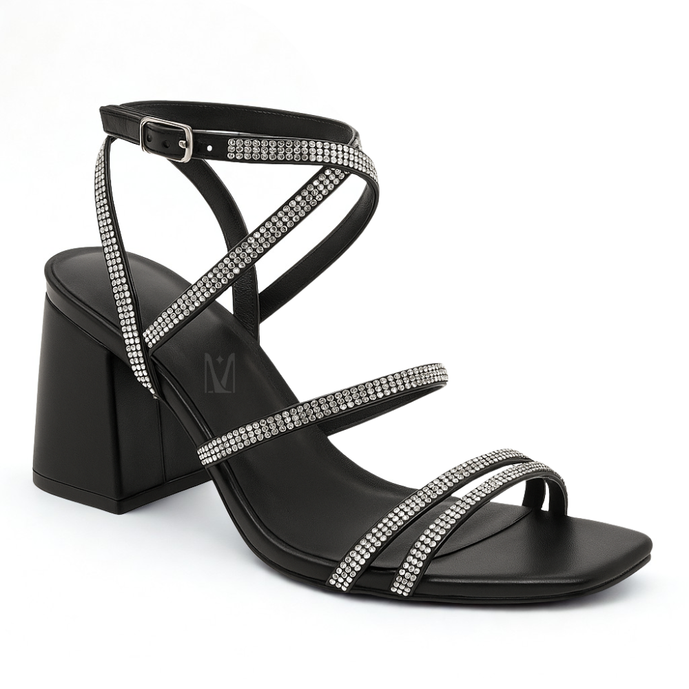 Sandália Cristal Strass Salto Bloco
